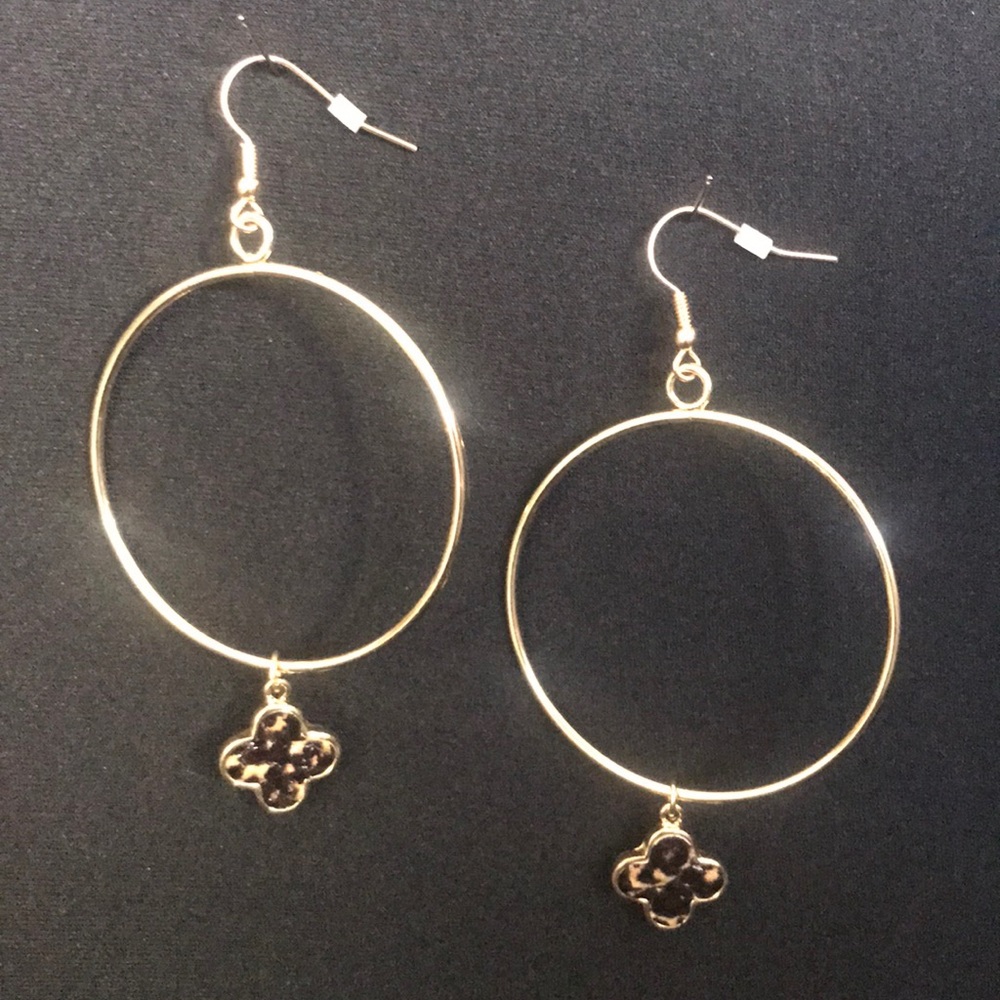 Gold Hoop with Leather Leopard Cross Drop